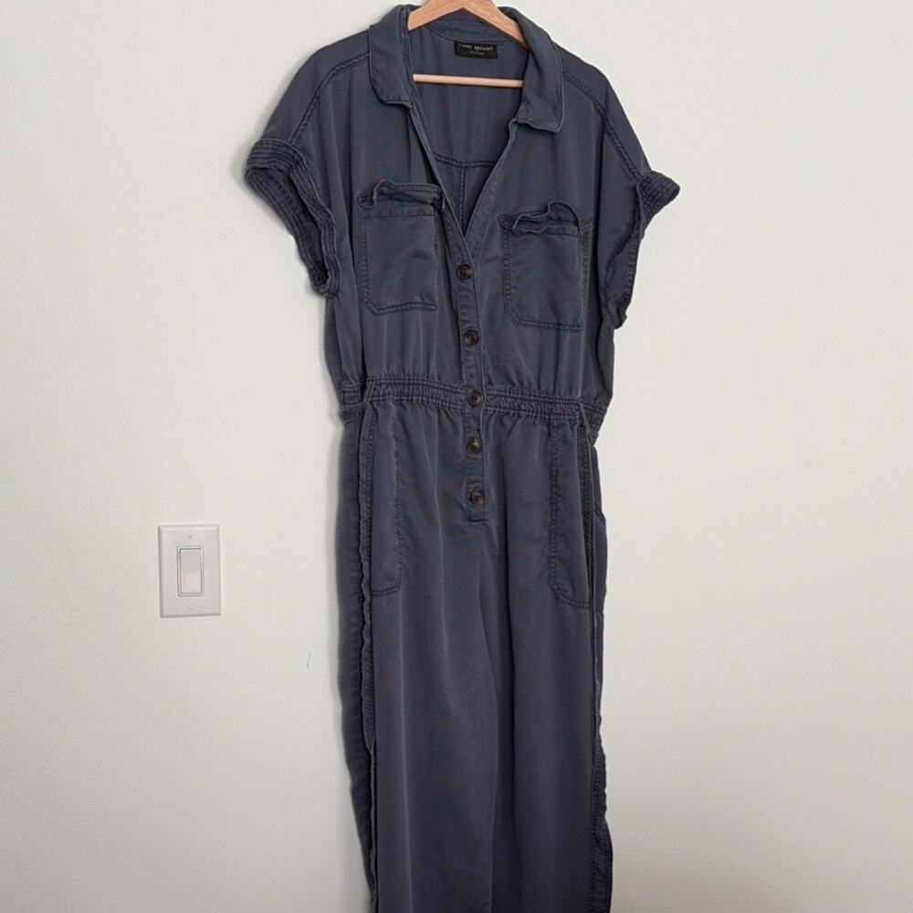 Women's blue Jumpsuit 18 Collared Button Short Sleeve Elastic Waist